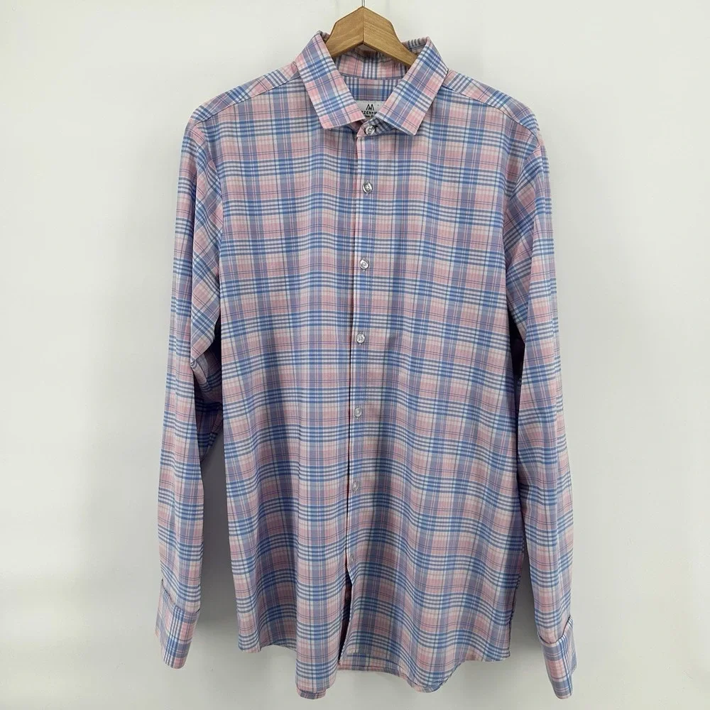 Mizzen+ Main‎ Shirt XL Trim Fit Pink Blue Plaid Stretch Performance USA Made